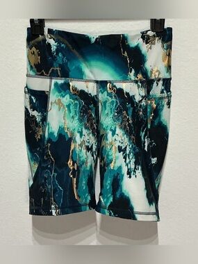 Old Navy Teal Marble-Print Bike Shorts with Gold Accents